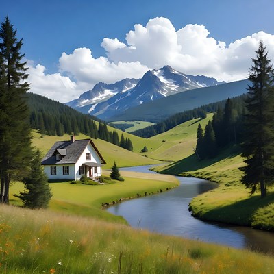 Mountain view with house near stream