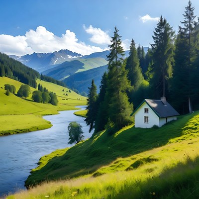 River flowing beside mountain house