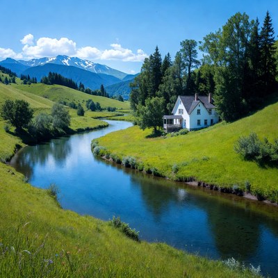 House by the river in a valley