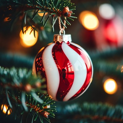 Red and white ornament on tree