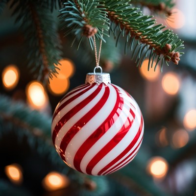 Red and white ornament on tree