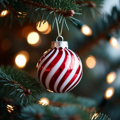 Red and white ornament on christmas tree