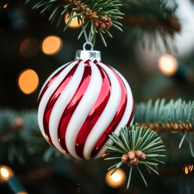 Red and white ornament on tree