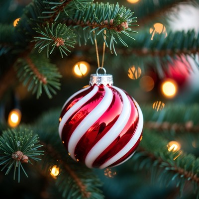 Red and white ornament on tree
