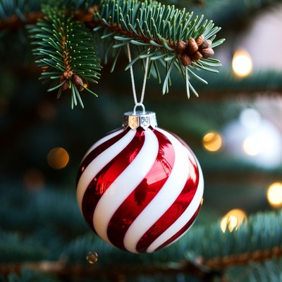 Red and white ornament on tree