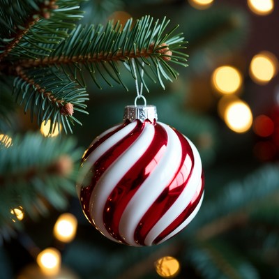 Red and white ornament hanging on a tree