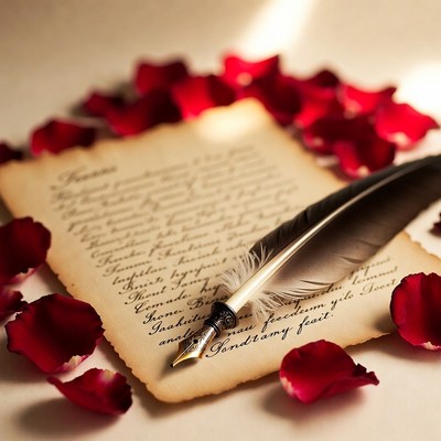 Letter with quill and rose petals