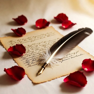 Quill pen on aged paper with petals