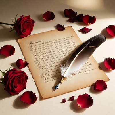 Romantic writing with roses and quill