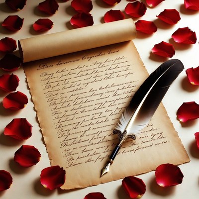 Old letter with quill and rose petals