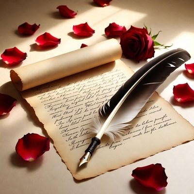 Quill and rose on manuscript