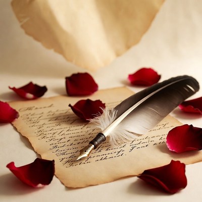 Feather pen with letter and petals