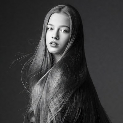Model with long hair posing in studio