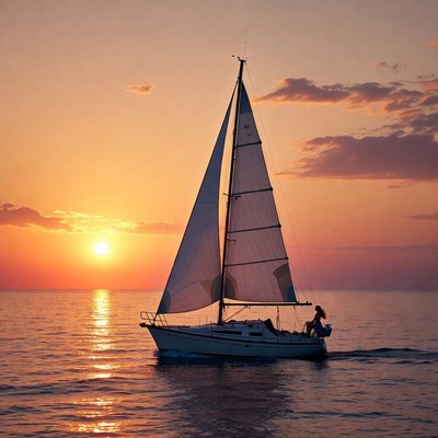 Sailing at sunset on a calm sea