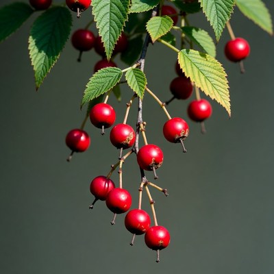 Red fruit hangs from a branch