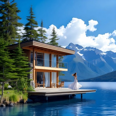 Woman in white dress near lake house