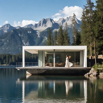 Modern house by lake in mountains