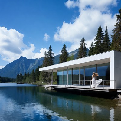Modern house by lake in nature