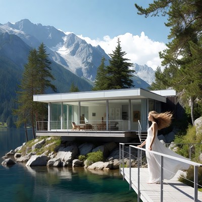 Woman by lake near modern house