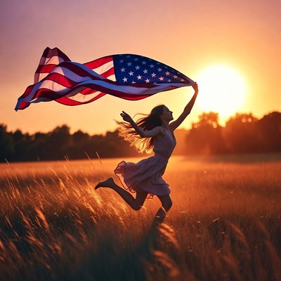 Running with the flag at sunset