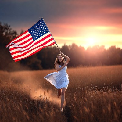 Running with american flag during sunset