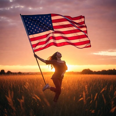 Woman waving flag at sunset in field