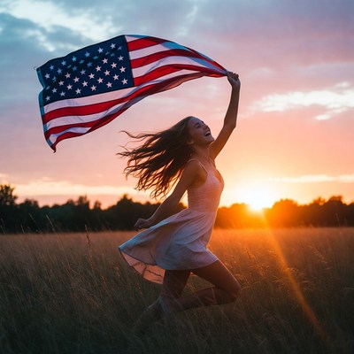 Girl runs with american flag at sunset