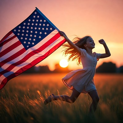 Girl running with american flag at sunset