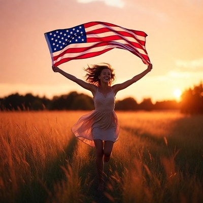 Woman runs with american flag in sunset