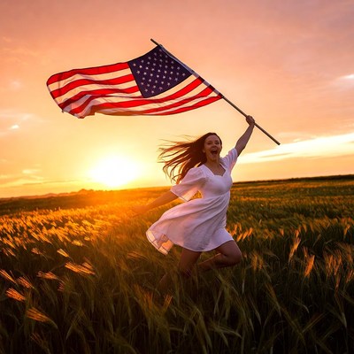 Woman with flag at sunset
