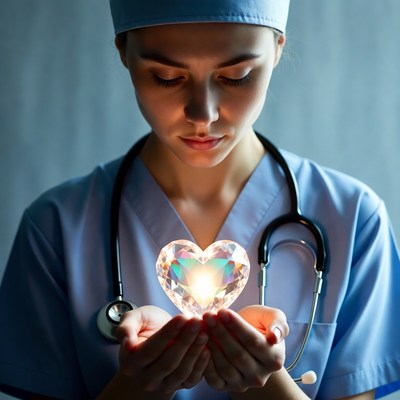 Nurse holding heart-shaped crystal warmly