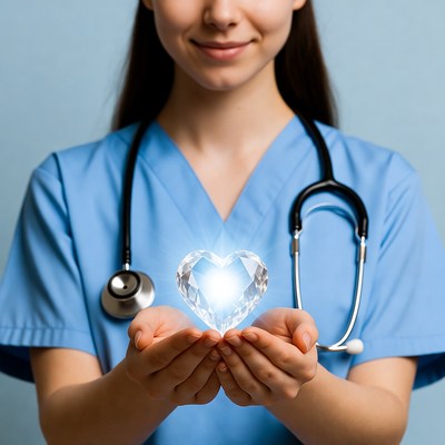 Nurse holds heart symbol in hands