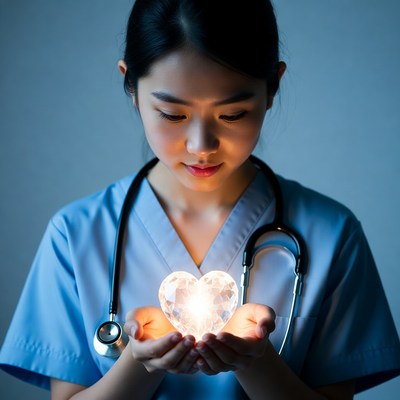 Nurse holds glowing heart shape object