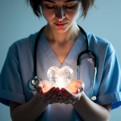 Healthcare worker holds crystal heart gently