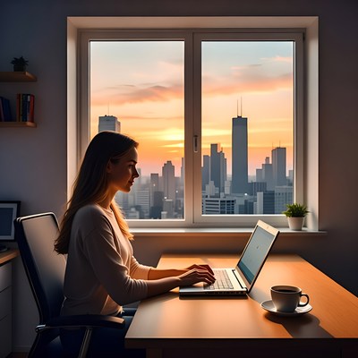 Woman working with city view