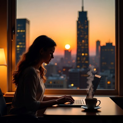 Woman working at night with sunset view