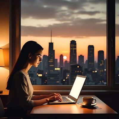 Woman working on laptop at sunset