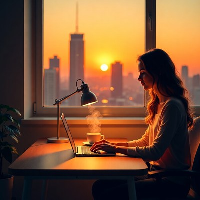 Woman working at sunset