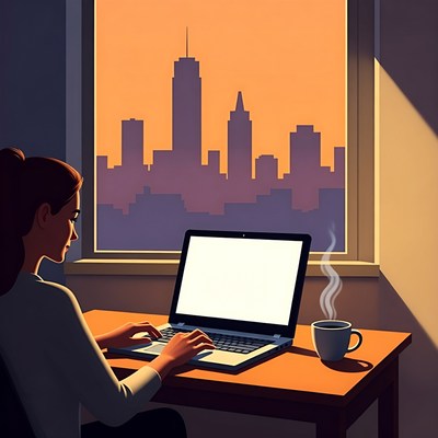 Sunset work at city window
