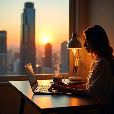 Working at sunset in the city