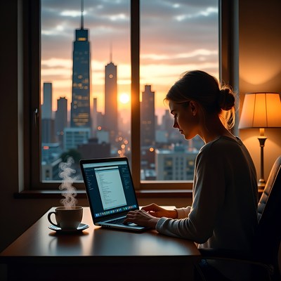 Woman working at sunset by window