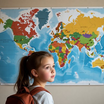 Girl looks at world map