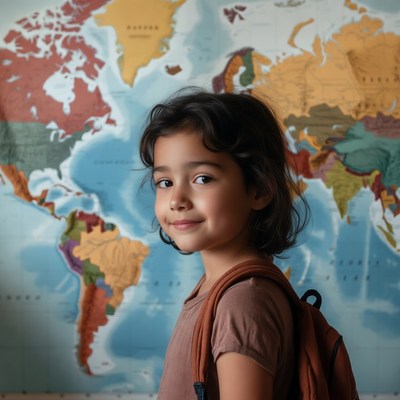 Girl with backpack by world map