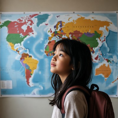 Child looking at world map