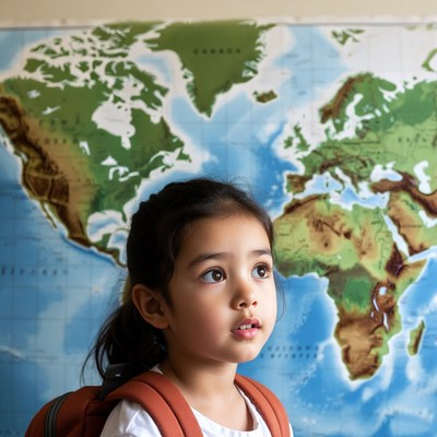 Child standing by world map