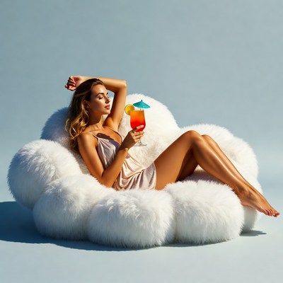 Woman relaxes with drink on fluffy chair