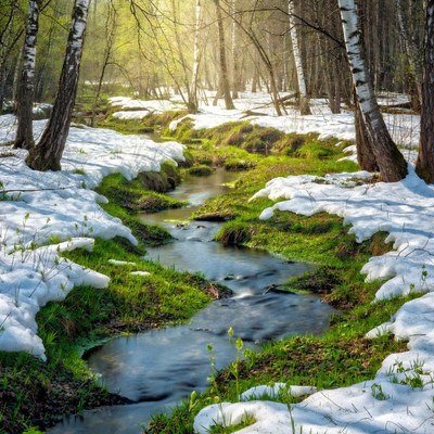 Snow and stream in spring