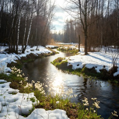 Snowy river scene with flowers