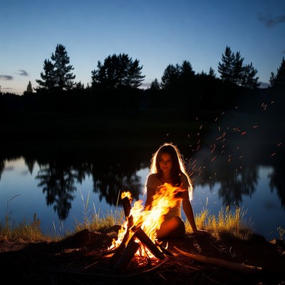 Night campfire by the lake