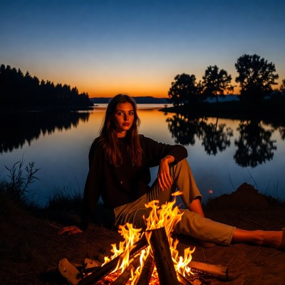 Woman sitting by a campfire at dusk